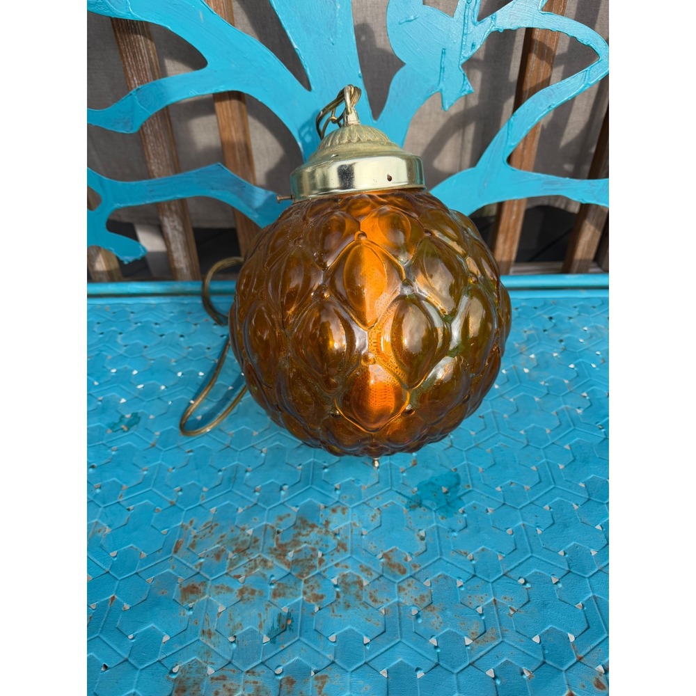 Vintage Amber Glass Swag Lamp Mid Century Modern Pineapple Quilted Globe Light